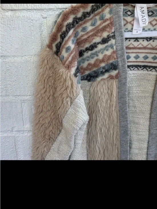 Anthropologie Amadi Textured Sherpa Cream and Tan Sherpa-Detail Cardigan sz S - Picture 5 of 8